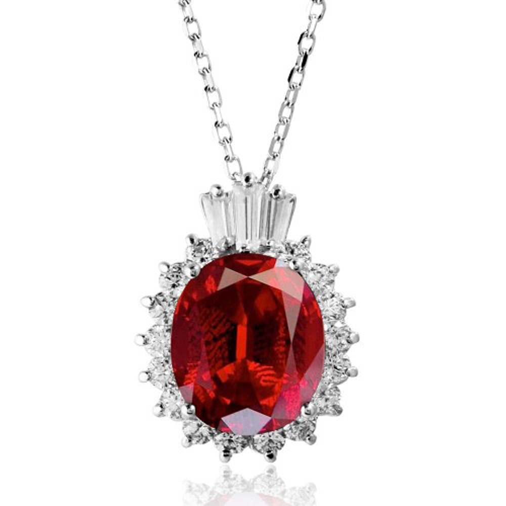 Sterling Silver Rhodium Plated Red Oval Pave With Baguette Crown CZ Necklace