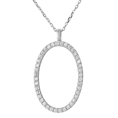Sterling Silver Rhodium Plated Open Oval with CZ Necklace