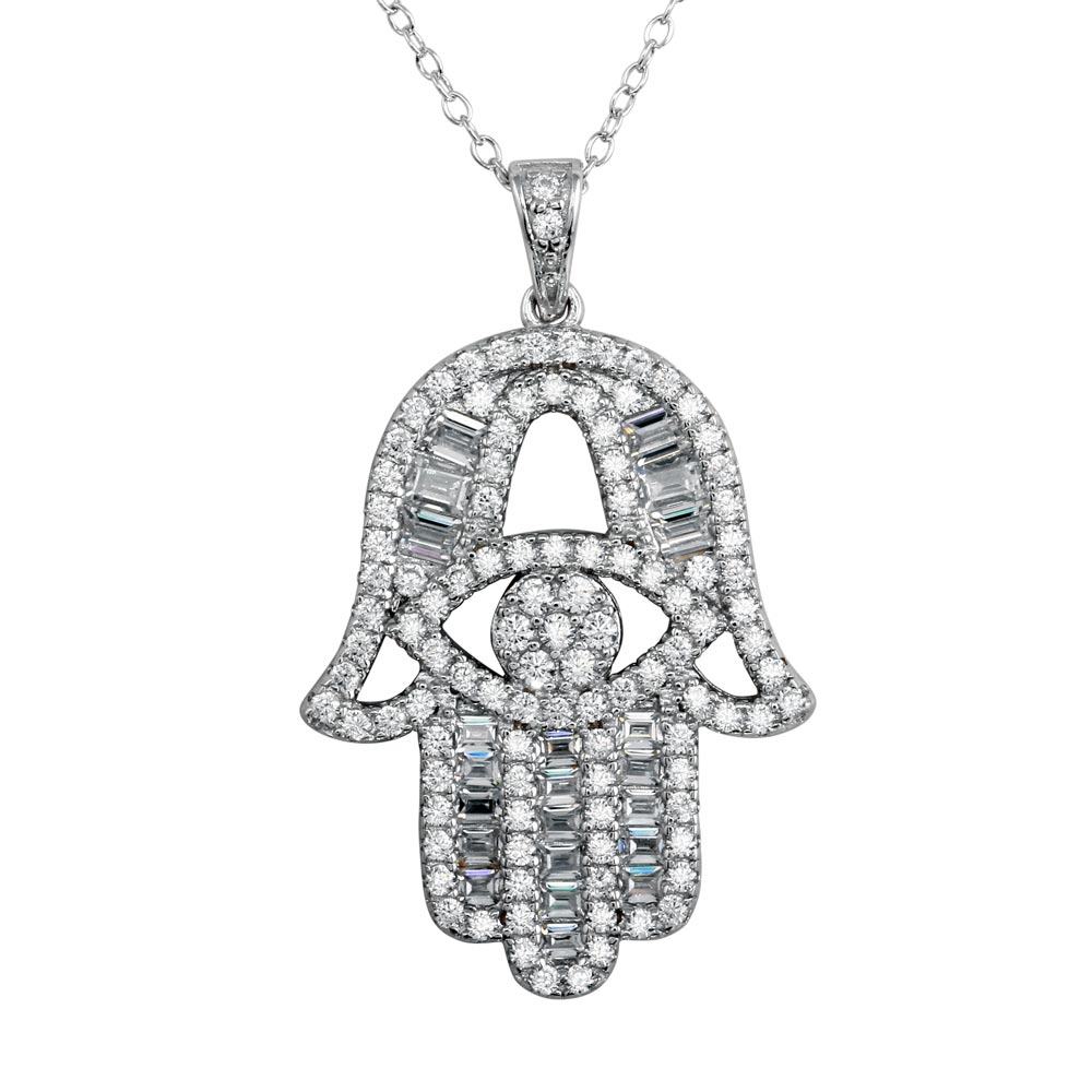 Sterling Silver Rhodium Plated CZ Encrusted Hamsa Hand Necklace