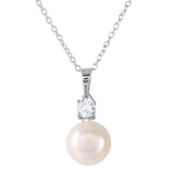 Sterling Silver Rhodium Plated Round CZ with Dangling Fresh Mother of Pearl