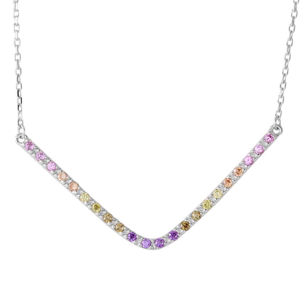 Sterling Silver Rhodium Plated V Shaped Rainbow Multi Color CZ Necklace