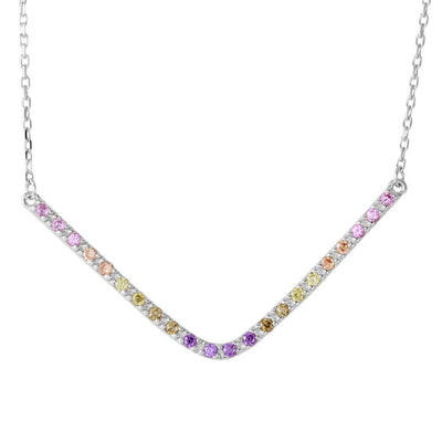 Sterling Silver Rhodium Plated V Shaped Rainbow Multi Color CZ Necklace