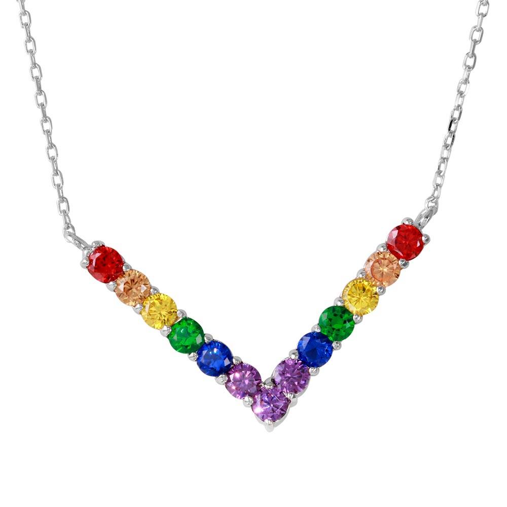 Sterling Silver Rhodium Plated Thick V Shaped Rainbow Multi Color CZ Necklace