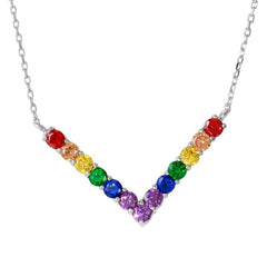Sterling Silver Rhodium Plated Thick V Shaped Rainbow Multi Color CZ Necklace