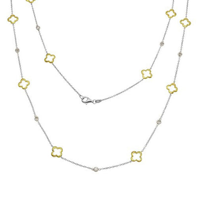 Sterling Silver Gold and Rhodium Plated Open Clover and Round CZ Long Necklace