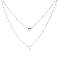 Load image into Gallery viewer, Sterling Silver Rhodium Plated Double Strand Heart and Cross Necklace