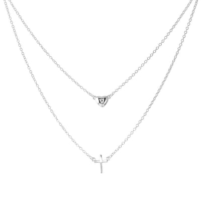 Sterling Silver Rhodium Plated Double Strand Heart and Cross Necklace
