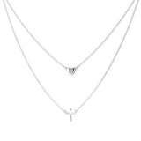 Sterling Silver Rhodium Plated Double Strand Heart and Cross Necklace