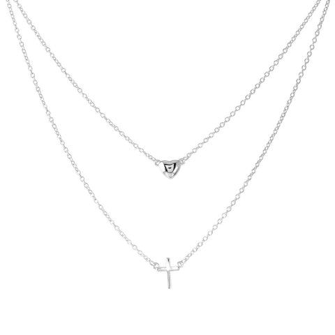 Sterling Silver Rhodium Plated Double Strand Heart and Cross Necklace