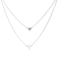 Sterling Silver Rhodium Plated Double Strand Heart and Cross Necklace