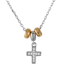 Load image into Gallery viewer, Sterling Silver Rhodium and Gold Plated Dangling CZ Cross with 3 Hoop Necklace