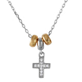Sterling Silver Rhodium and Gold Plated Dangling CZ Cross with 3 Hoop Necklace