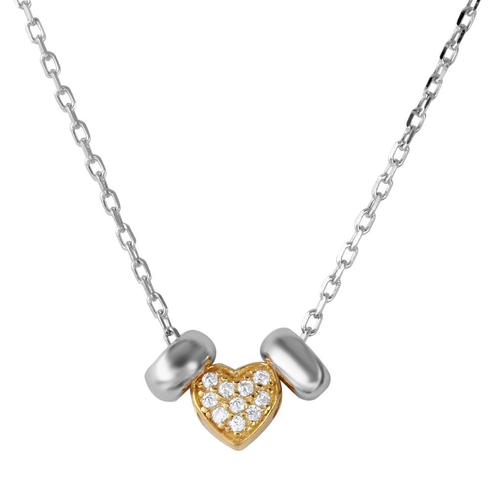 Sterling Silver Rhodium and Gold Plated CZ Heart with 2 Hoop Necklace