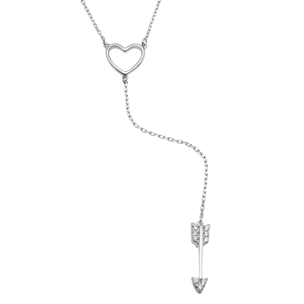 Sterling Silver Rhodium Plated Heart Necklace with Dropped CZ Arrow