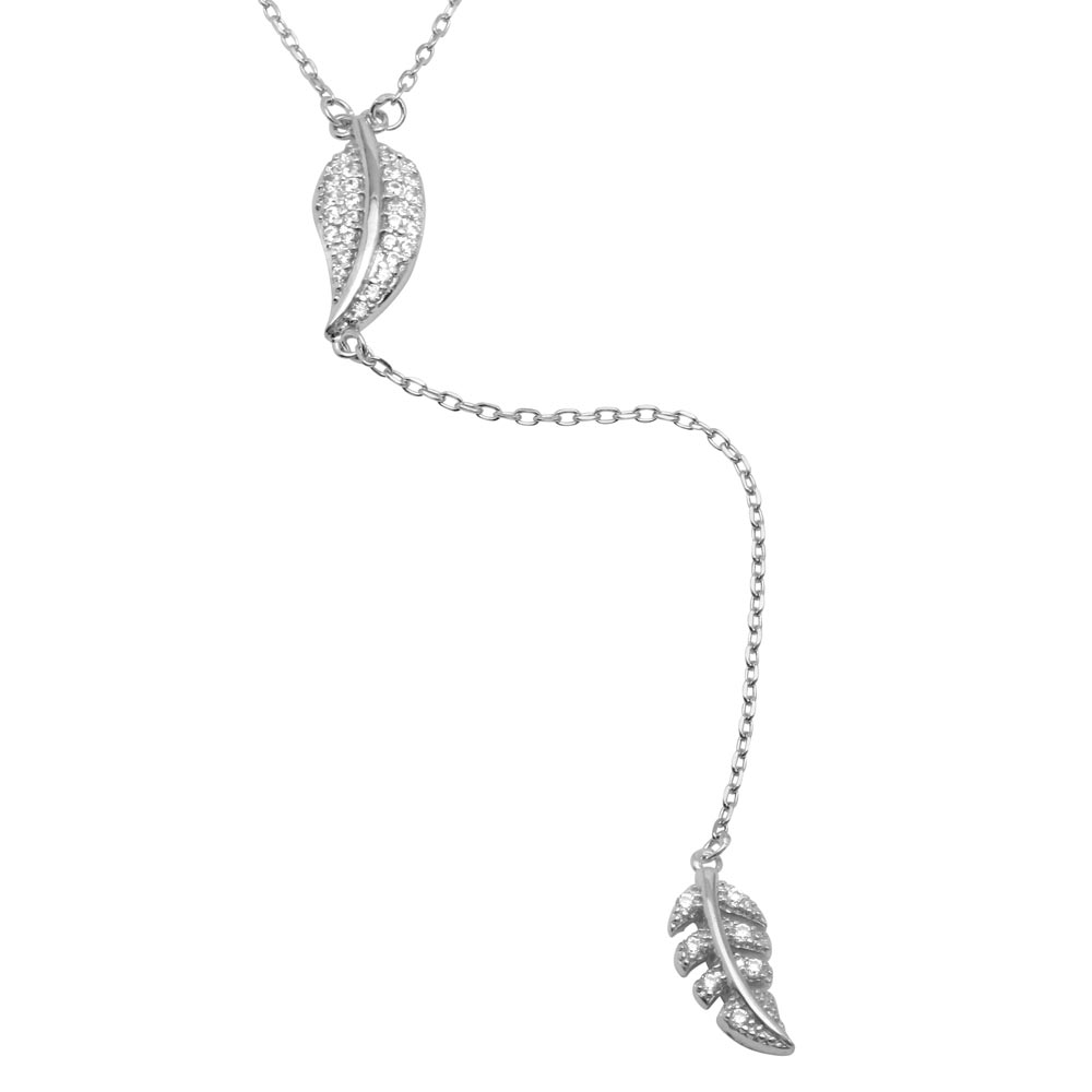 Sterling Silver Rhodium Plated Leaf Pendant with Dropped CZ Outline Leaf Necklace