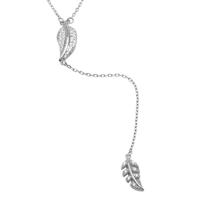 Sterling Silver Rhodium Plated Leaf Pendant with Dropped CZ Outline Leaf Necklace