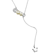 Load image into Gallery viewer, Sterling Silver Rhodium Plated CZ Pin With Fresh Water Pearl Dropped Crown Necklace
