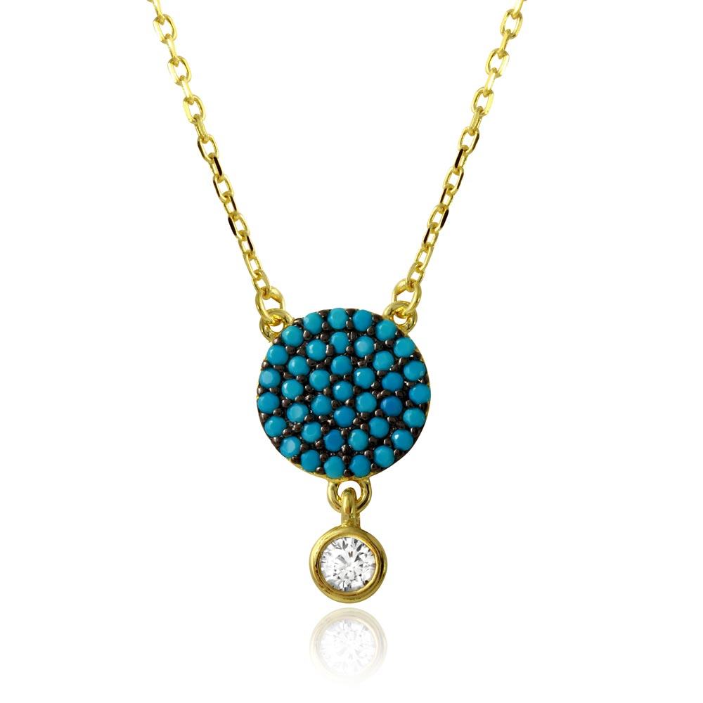 Sterling Silver Gold Plated Circle Turquoise Bead Necklace with Dangling Round CZ