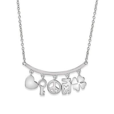 Sterling Silver Rhodium Plated Slanted Line Bar Necklace with Dangling Charms