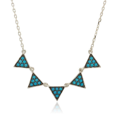 Sterling Silver Rhodium Plated 5 Triangles with Turquoise Bead Necklace