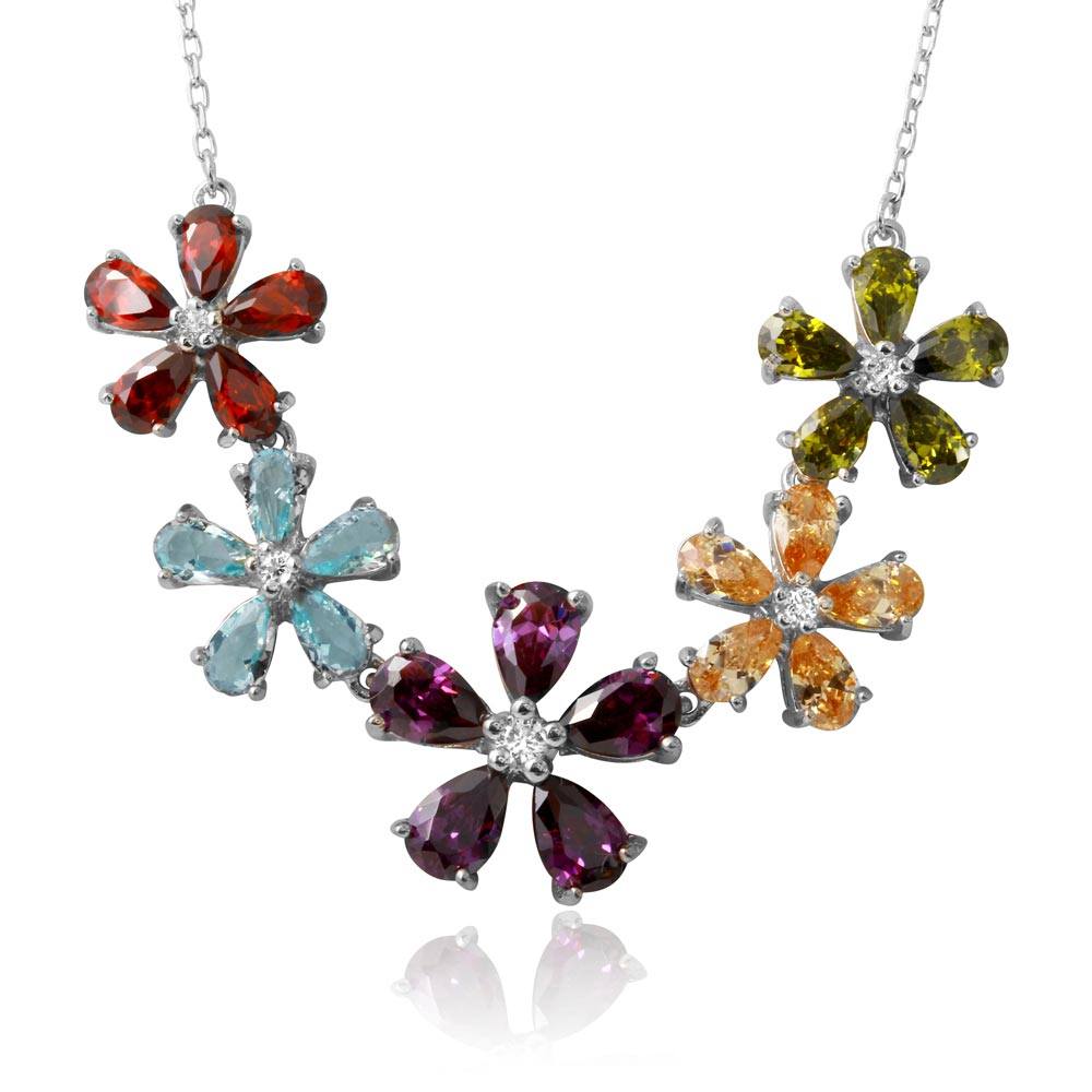 Sterling Silver Rhodium Plated 5 Multi Color CZ Flower .925 Necklace