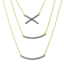 Load image into Gallery viewer, Sterling Silver Gold Plated Triple Strand Necklace with CZ Curved Bar and CZ X