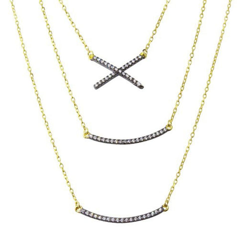 Sterling Silver Gold Plated Triple Strand Necklace with CZ Curved Bar and CZ X