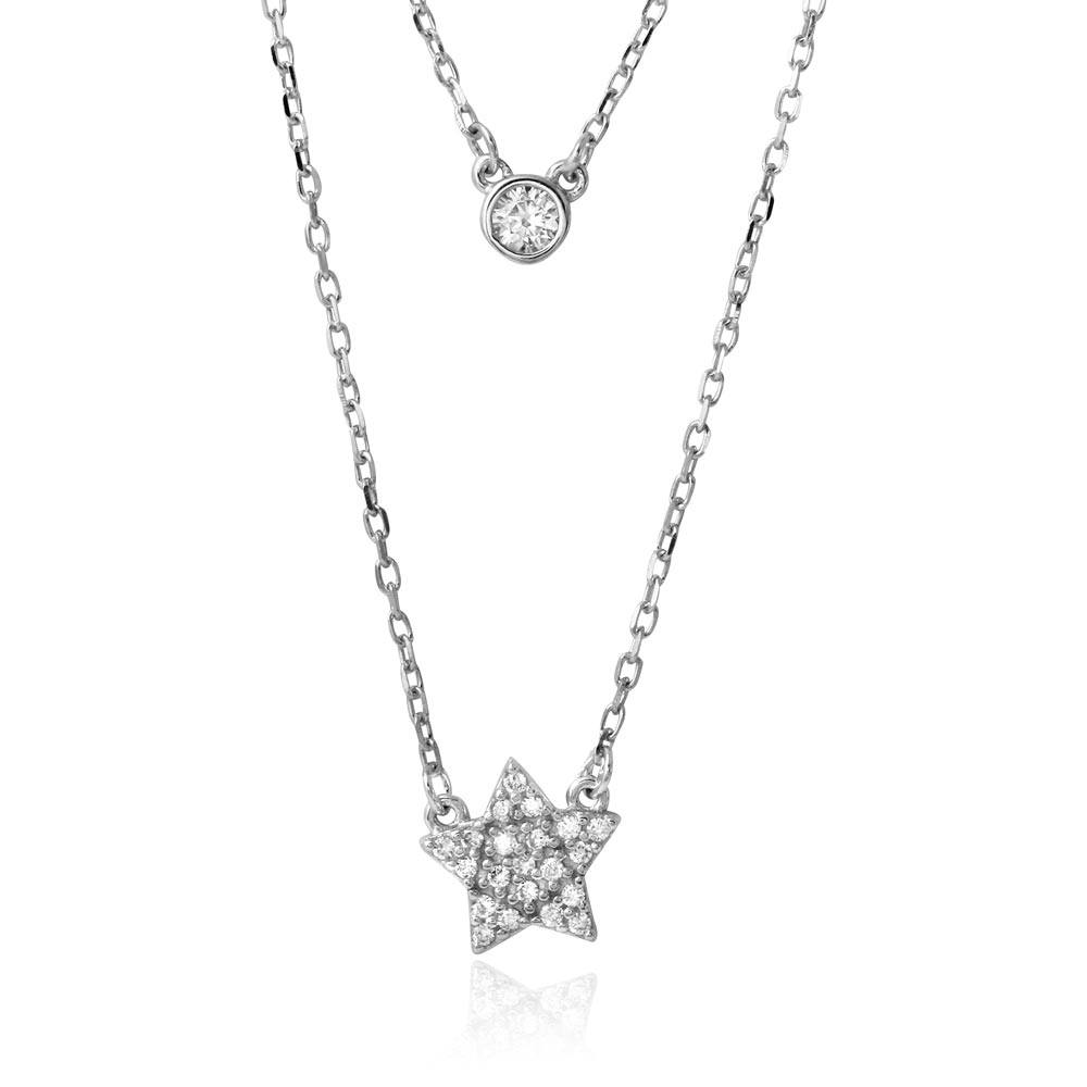 Sterling Silver Rhodium Plated Double Strand Round CZ and CZ Star Necklace
