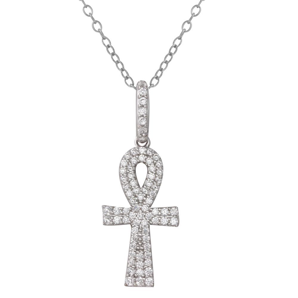 Sterling Silver Rhodium Plated Thick Egyptian CZ Cross Necklace