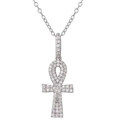 Sterling Silver Rhodium Plated Thick Egyptian CZ Cross Necklace