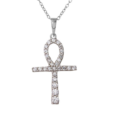 Sterling Silver Rhodium Plated Thin Egyptian CZ Journey Cross Necklace