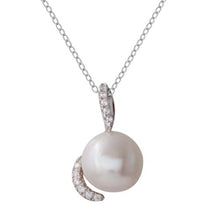 Load image into Gallery viewer, Sterling Silver Rhodium Plated Fresh Water Pearl Necklace with Hooked CZ