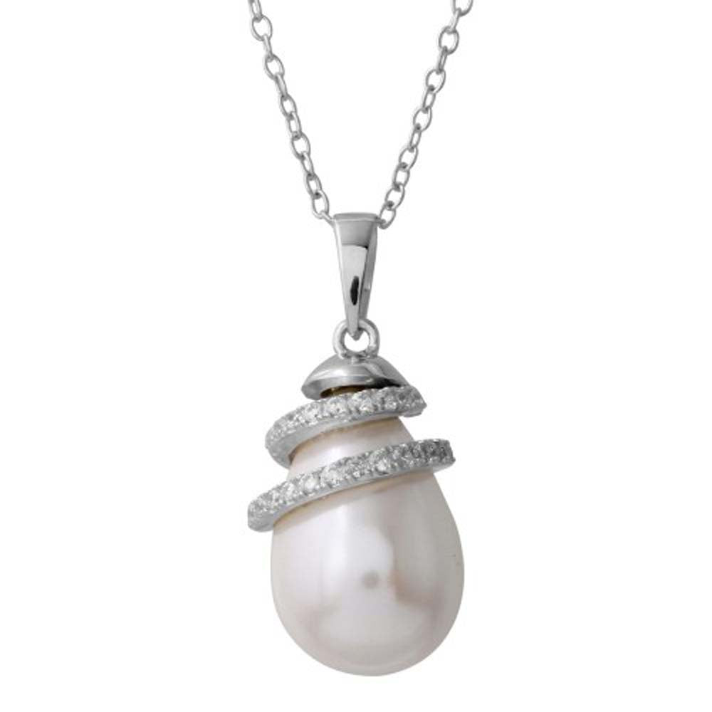 Sterling Silver Rhodium Plated Fresh Water Pearl Necklace with Wrapped CZ