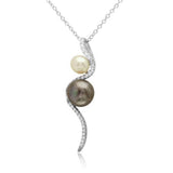 Sterling Silver Rhodium Plated Fresh Water Pearl with Slanted CZ Design Necklace