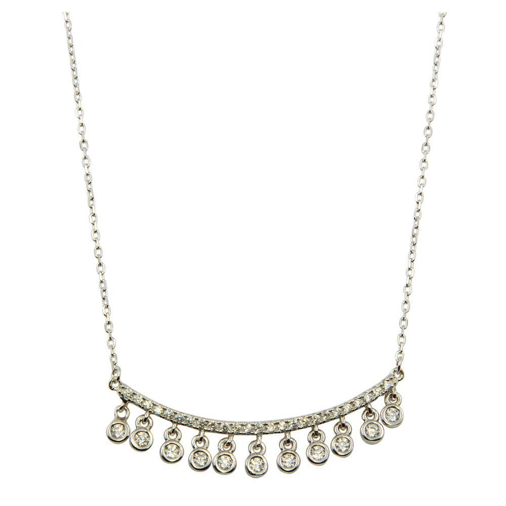 Sterling Silver Rhodium Plated Curved Bar Necklace with Dangling CZ Stones