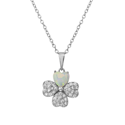 Sterling Silver Rhodium Plated Clover CZ and Synthetic Opal Leaf .925 Necklace