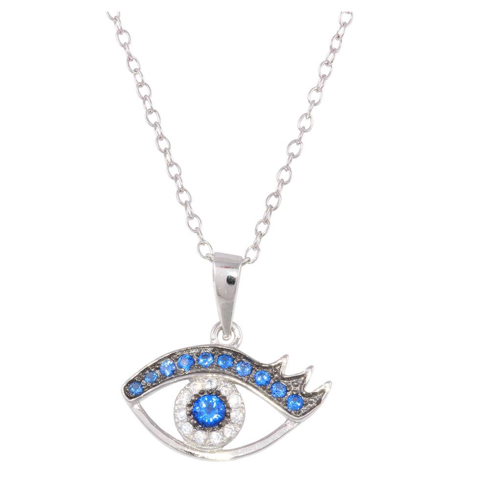 Sterling Silver Rhodium Plated Clear and Blue CZ Evil Eye Pendant Necklace