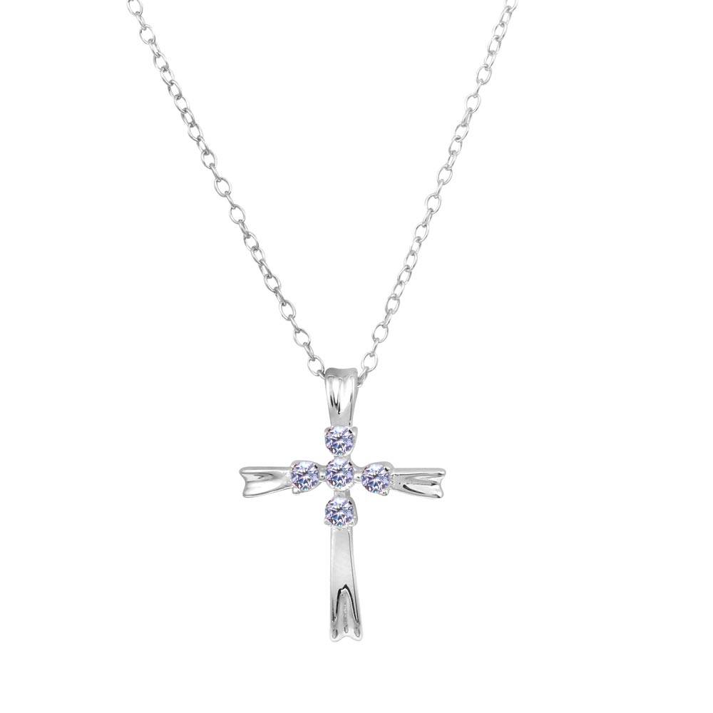 Sterling Silver Rhodium Plated Simple Cross Necklace with CZ