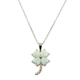 Sterling Silver Rhodium Plated CZ Opal Clover Leaf Necklace