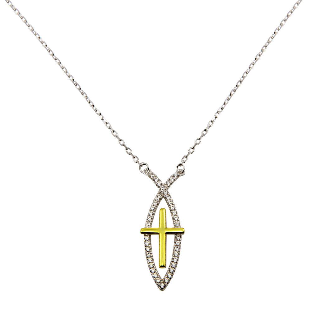 Sterling Silver Rhodium Plated CZ Fish Sign With Gold Plated Cross Necklace