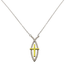 Load image into Gallery viewer, Sterling Silver Rhodium Plated CZ Fish Sign With Gold Plated Cross Necklace