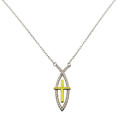 Sterling Silver Rhodium Plated CZ Fish Sign With Gold Plated Cross Necklace