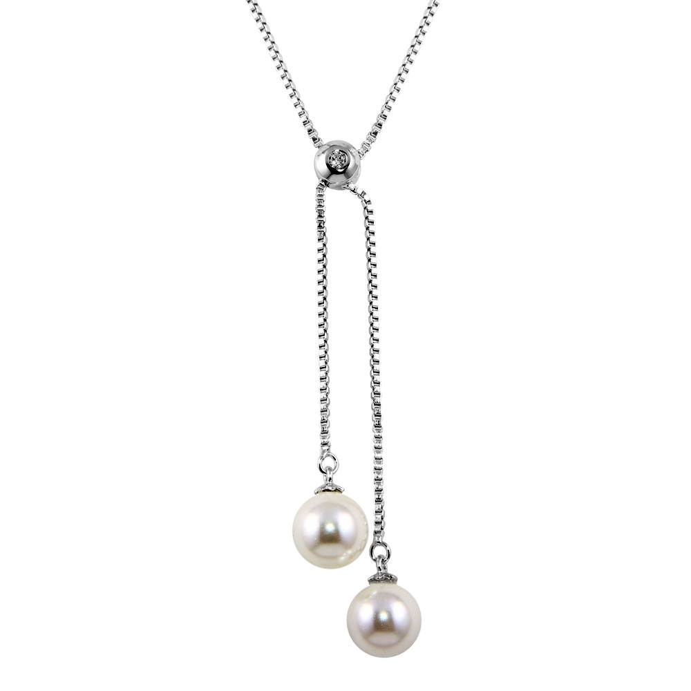 Sterling Silver Rhodium Plated Box Drop Synthetic Pearl Necklace