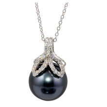 Load image into Gallery viewer, Sterling Silver Rhodium Plated Grey Pearl Pendant Necklace with CZ