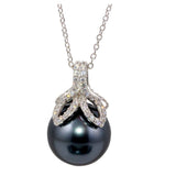 Sterling Silver Rhodium Plated Grey Pearl Pendant Necklace with CZ