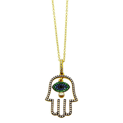 Sterling Silver Gold Plated Hamsa Hand With Multi Color CZ Stones Necklace