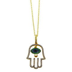 Sterling Silver Gold Plated Hamsa Hand With Multi Color CZ Stones Necklace
