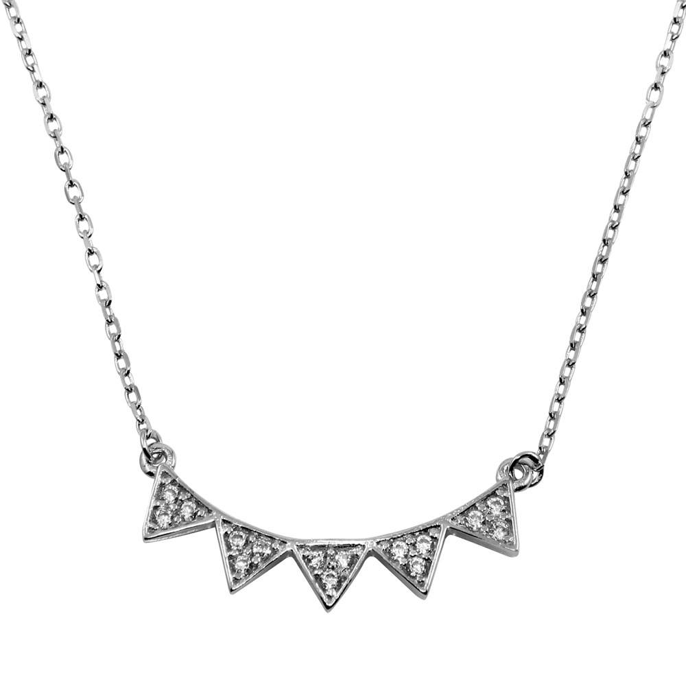 Sterling Silver Rhodium Plated 5 CZ Encrusted Triangle Necklace