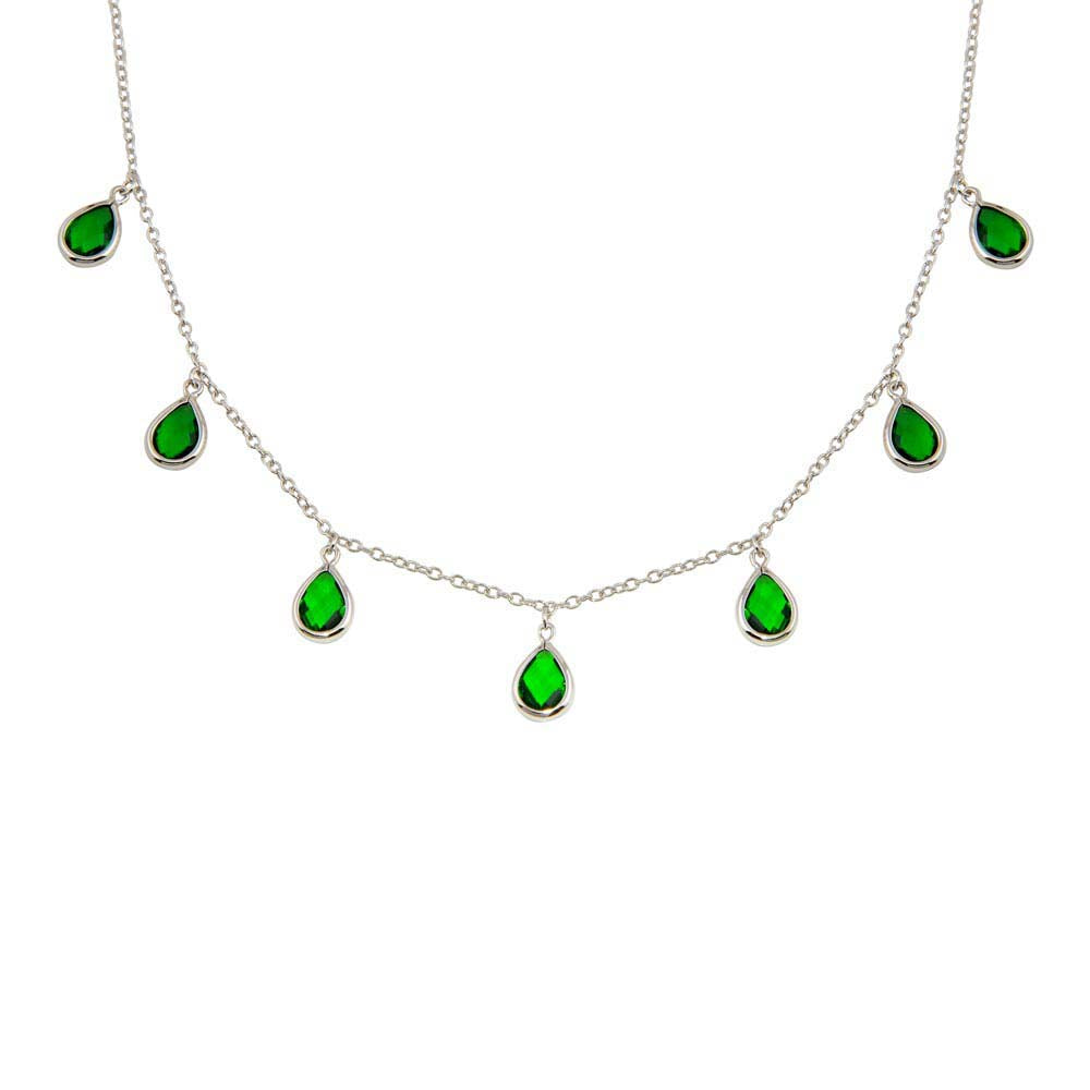 Sterling Silver Rhodium Plated Dangling Green CZ Teardrop Necklace