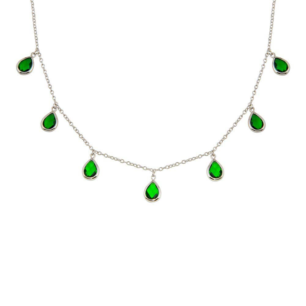 Sterling Silver Rhodium Plated Dangling Green CZ Teardrop Necklace